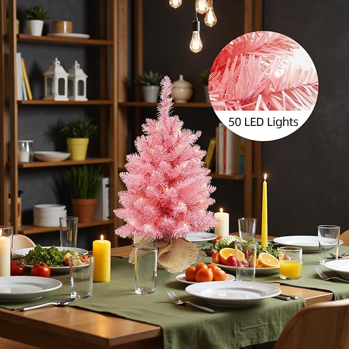 2ft Pink Christmas Tree with 50 Led Warm Lights, Artificial Christmas Tree with 72 Branch Tips, Battery Operated Small Xmas Tree for Table Desk Best Holiday Home Decorations
