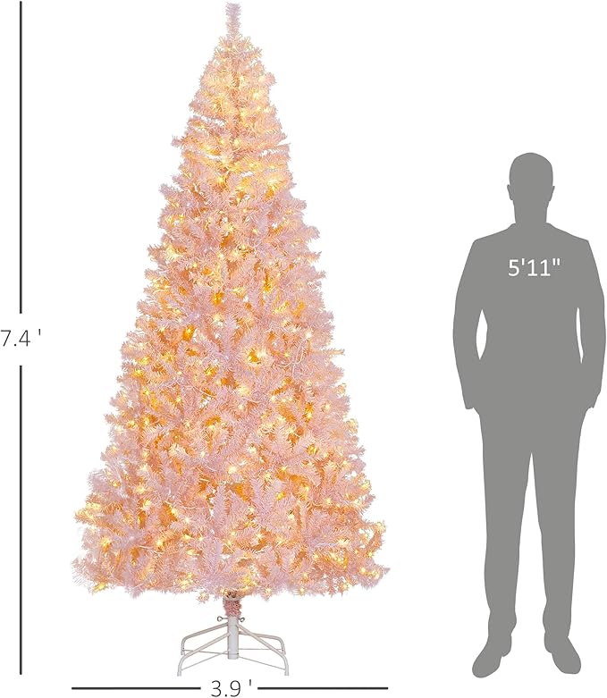 HOMCOM 7.5' Tall Prelit Christmas Tree Douglas Fir Artificial Christmas Tree with Realistic Branches, 500 Warm White LED Lights and 1346 Tips, Pink