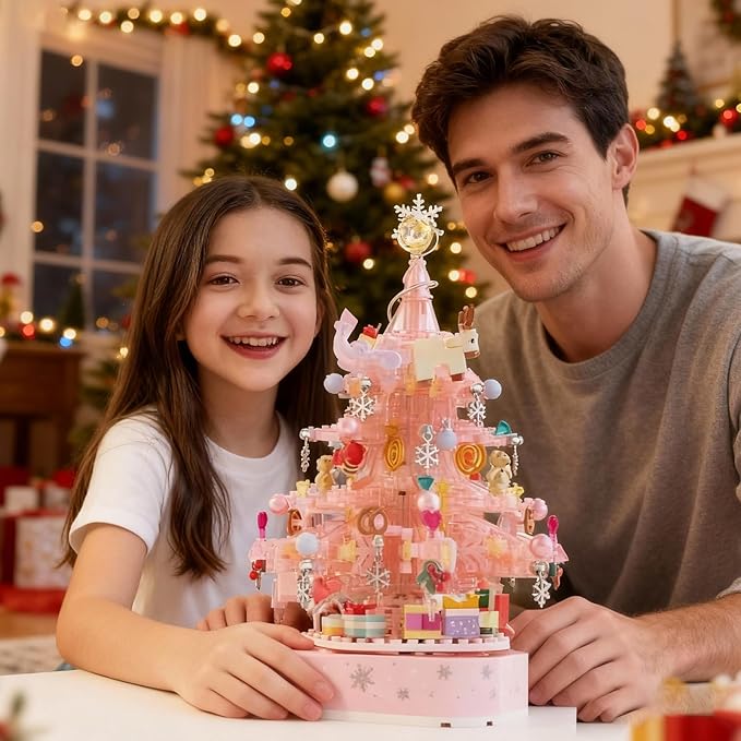 Pink Christmas Tree Building Blocks Music Box - DIY Buildable Christmas Decoration, Rotating Music Box, for Girls, Festive Atmosphere Light