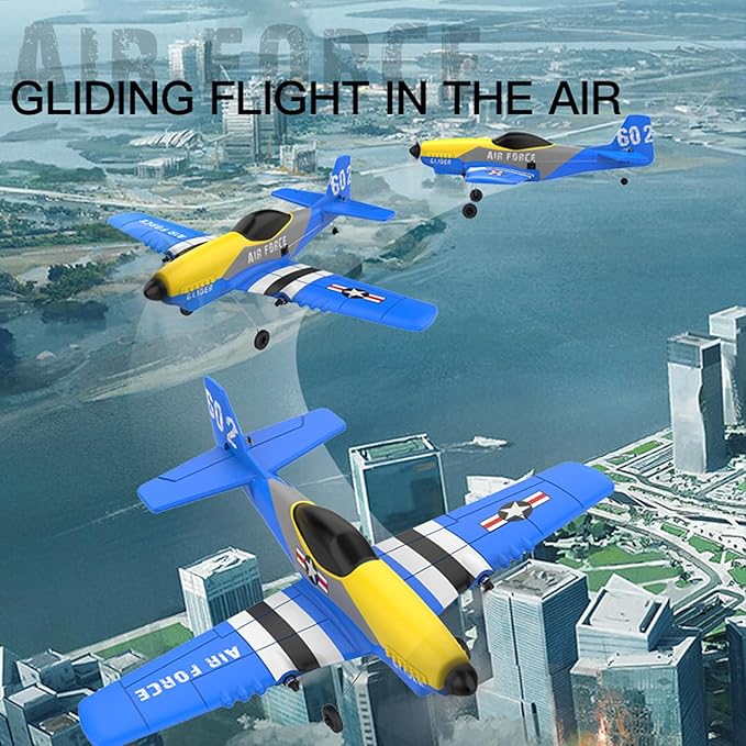 Rc Plane 3 Channel Airplane,P51D Mustang Fighter with 2 Batteries,Built-in Gyro Self-Stabilizing System Easy to Fly Rc Airplane,Rc Glider for Kids Adults Beginners