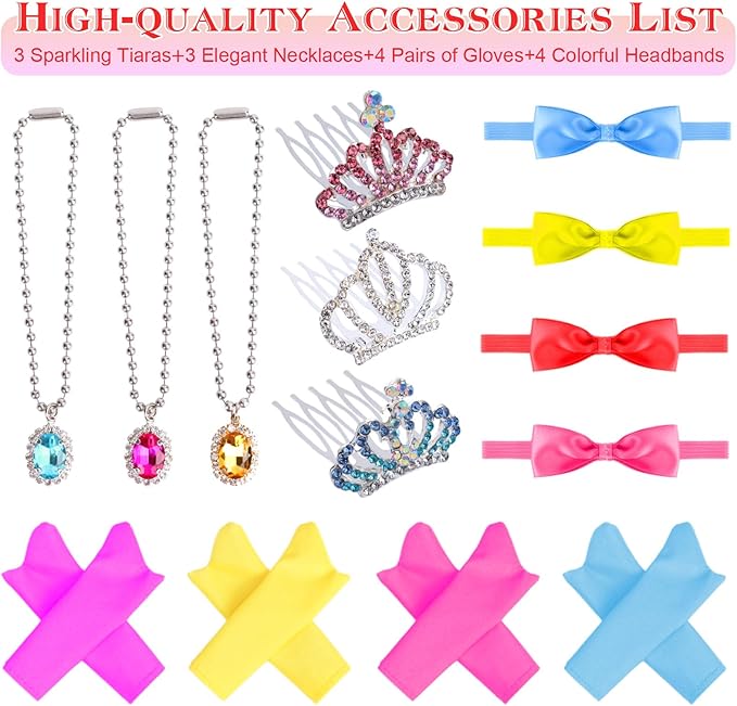 18-Inch Doll Clothes and Accessories – 6-Pack Princess Dress Set for 18” Dolls, Includes Crowns, Necklaces, Gloves & Headbands, Fits American 18 Inch Girl Dolls