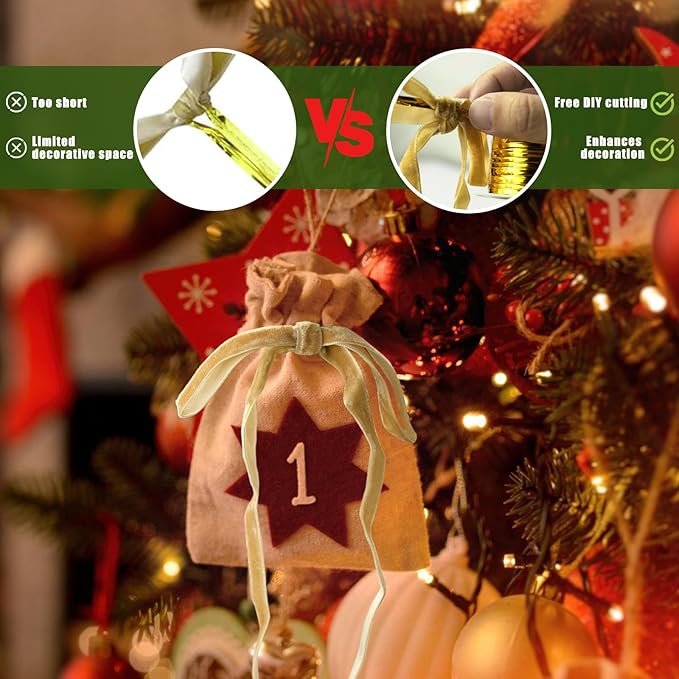 24Pcs Velvet Ribbon 5 x 7 Inch Christmas Ribbon 3/8 Inch Wide Christmas Bows Vintage Velvet Bows for Christmas Tree Khaki Bows for Christmas Tree Decorations