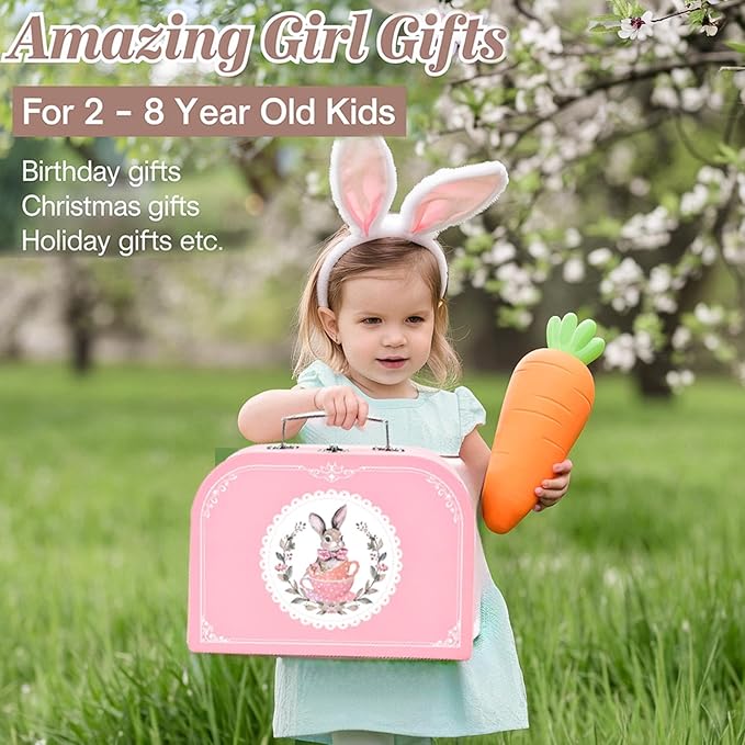 Kids Tea Party Set for Little Girls & Toddlers – Bunny Kitchen Toy & Pretend Play Set with Teapot, Cups, Plates, Desserts & Case | Princess Birthday Gift, Easter Basket Stuffer for Ages 3-5