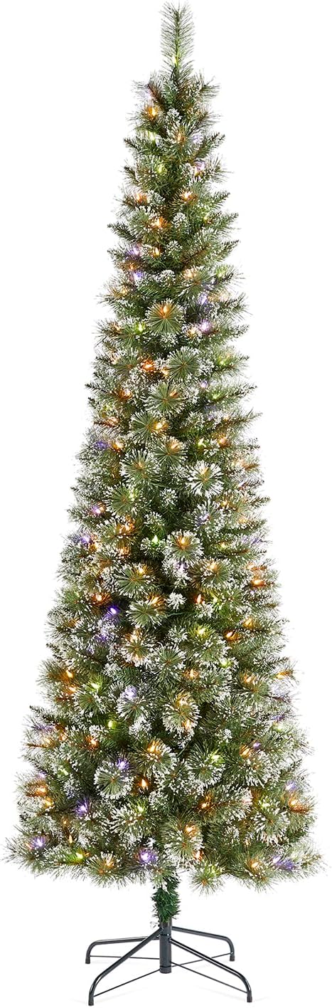 Glitzhome 7.5ft Prelit Christmas Tree, Artificial Christmas Tree, Hinged Pencil Christmas Trees Portland Cashmere Pine with 250 Warm White/Multi-Color Lights, 9 Function w/Remote Control