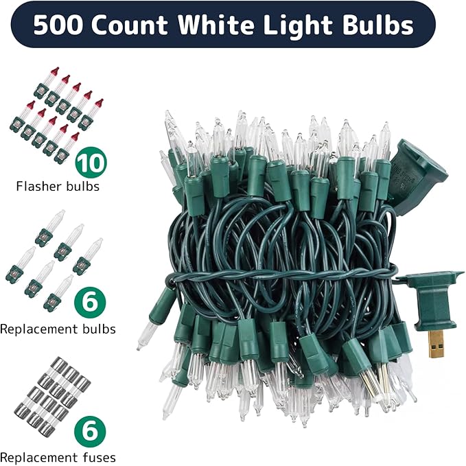 PREXTEX 500 Count Clear Christmas Tree Lights with Green Wire - 100 ft Warm White Twinkle Lights for Indoor or Outdoor Use - Holiday Fairy String Lights for Christmas Trees or Patios