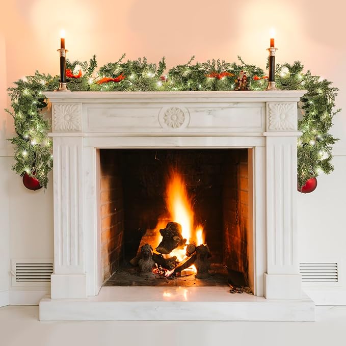 RECUTMS Mantle Garland 6FT Garlands with Lights 30 LED Strings Fake Hanging Plants Greenery Outdoor Wreath Plant Classic Leaves Soft Plastic for Arch Porch Wall Wedding (Green Light S)