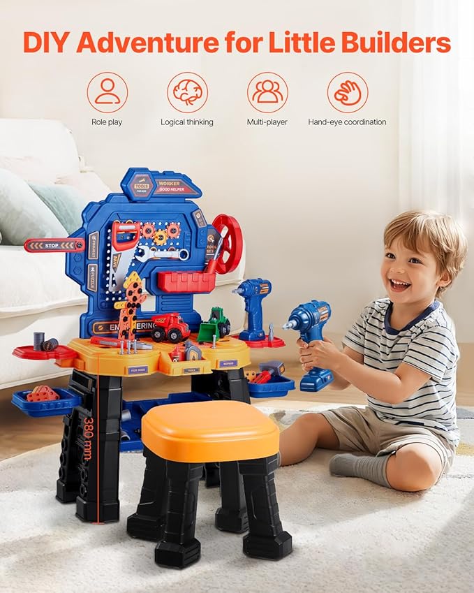 VEVOR Kids Workbench, 181 pcs, Kids Tool Bench with Realistic Tools and Electric Drill, Pretend Play Construction Workbench Toys for Toddlers, Toddler Work Bench Learning Gift for Boys & Girls Age 3+