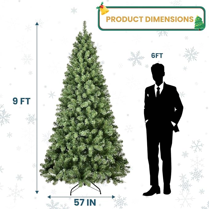 Kadunmina 9FT Artificial Christmas Tree, Premium Unlit Hinged Fake Xmas Tree with 1910 Branch Tips, Green Realistic Holiday Trees for Home, Office, Foldable Metal Stand