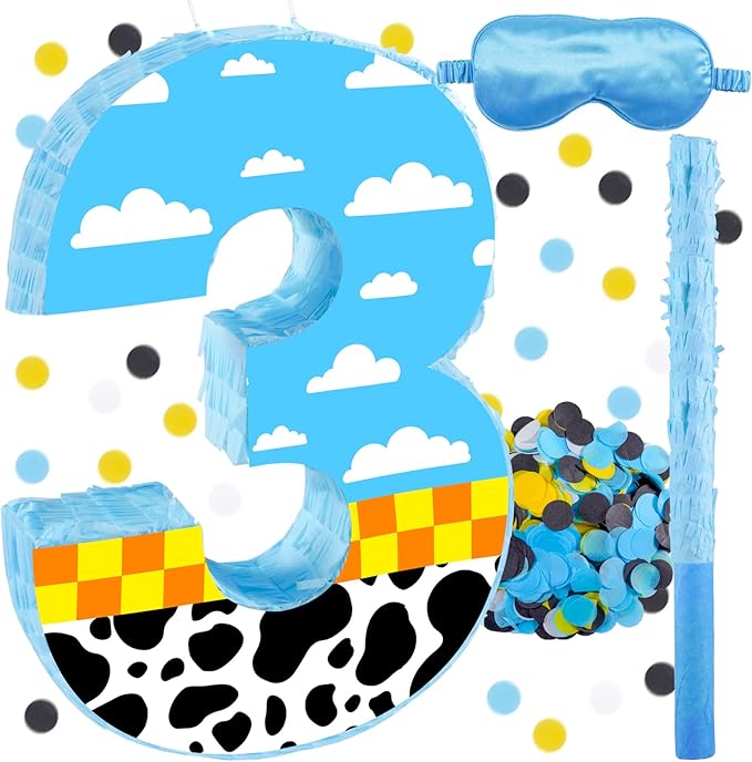 16 Inch Number 3 White Cloud Pinata with 16 Inch Piñata Stick Blindfold Confetti for Boy Girl Kids 3rd Birthday Party Decorations(3rd)