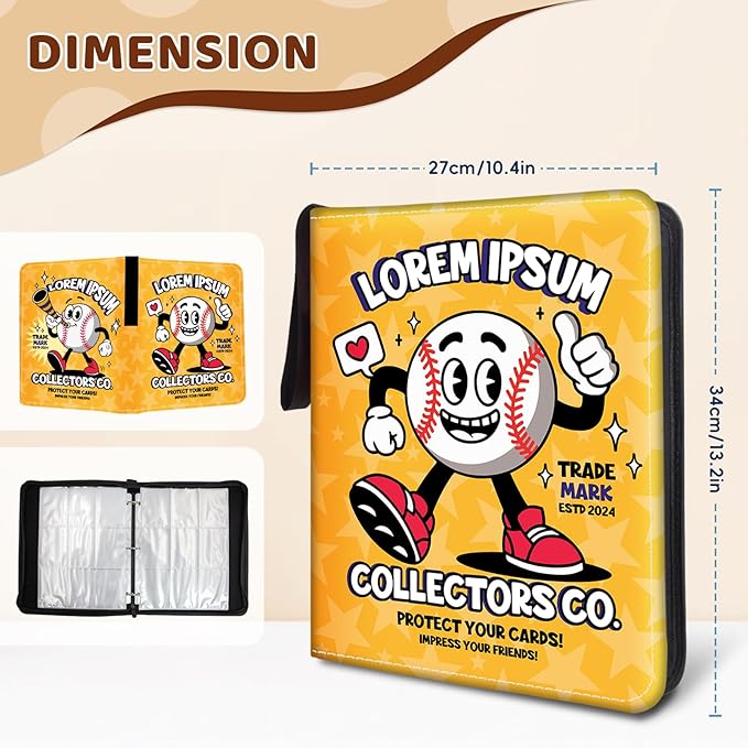 900 Pocket Baseball Card Binder, Trading Card Storage Album with 50 Durable 9-Pocket Pages, Baseball Design on Pocket Card Packs, Christmas Birthday Gifts for Zipper Closure Collector's Album