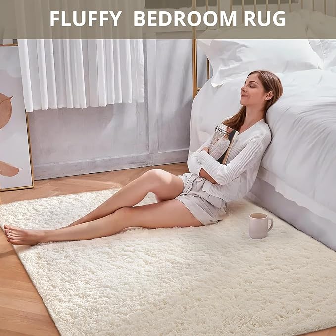 Ophanie Ivory Rugs for Bedroom Living Room, Fluffy Fuzzy Furry Carpet, Plush Soft Shaggy Bedside Indoor Floor 4x6 Cream Area Rug for Kids Girls Boys Baby Teen Dorm Nursery Home Decor Aesthetic