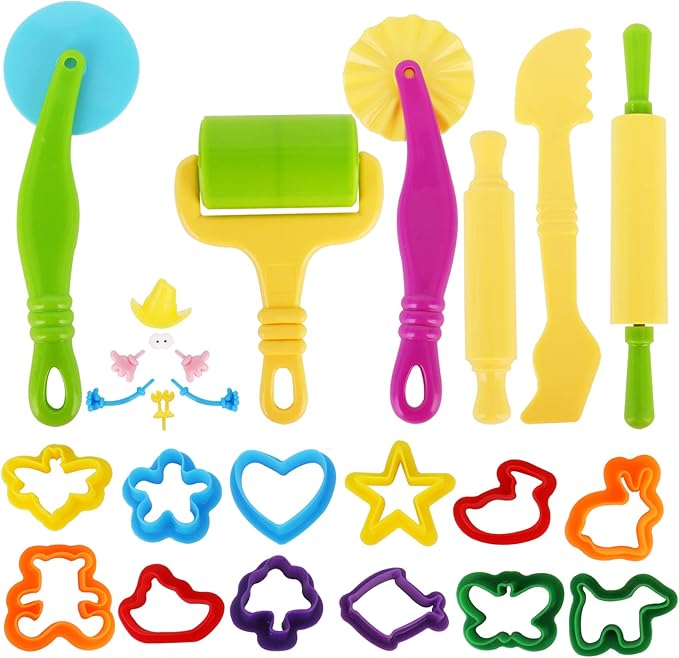 Dough Tools Set for Kids Ages 2-4, 25pc Creative Play Accessories with Molds and Cutters, Non-Toxic Modeling Clay Toys for Toddlers Sensory Activities
