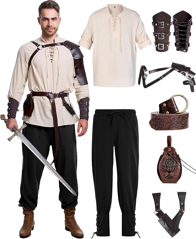 8 Pcs Men's Renaissance Costume Halloween Medieval Pirate Shirt Pant Viking Costume Accessories Set
