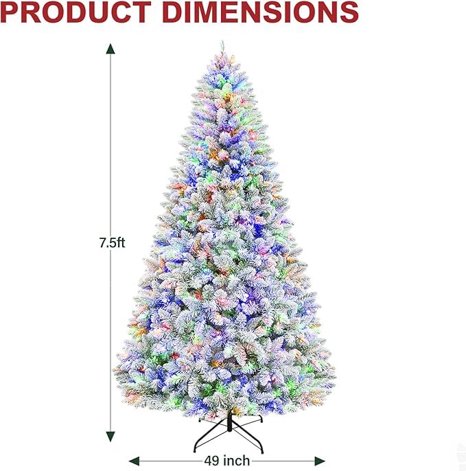 Hykolity 7.5ft Prelit Artificial Christmas Tree, 10 Light-Mode Snow Flocked Christmas Tree with 450 Multicolor LED Lights, 1446 PVC Tips, Easy Setup Xmas Trees with Sturdy Metal Stand