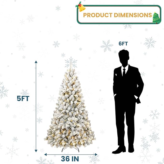 Kadunmina 5ft Pre-lit Artificial Christmas Tree, Hinged Snow Flocked Xmas Trees with 200 Incandescent Warm White Lights,551 Branch Tips and Metal Stand for Home,Office,Holiday Decor,Green & White
