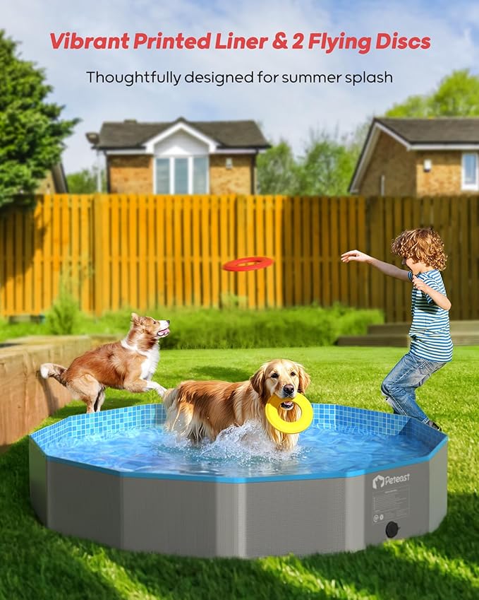 Peteast Foldable Dog Pool with Sturdy Round Design, Extra Large Portable Pet Bathtub, Durable 64" Diameter Portable Design for Backyard & Indoor Use (Includes 2 Flying Disks)