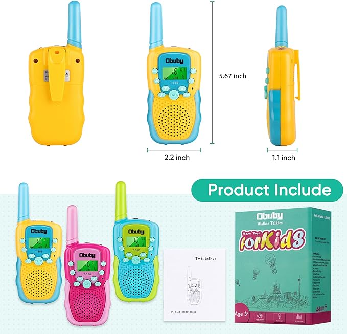 Obuby Toys for 3-12 Year Old Boys Walkie Talkies for Kids 22 Channels 2 Way Radio Gifts Toys with Backlit LCD Flashlight 3 KMs Range Gift Toys for Age 3 up Boy and Girls to Outside , Hiking, Camping