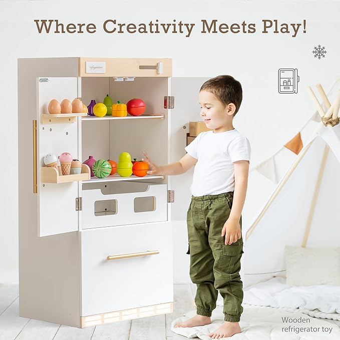 Wooden Play Kitchen Fridge – Interactive Ice Maker, Double Door Storage & Creative Fridge Magnets, Pretend Play Refrigerator for Boys & Girls 3+