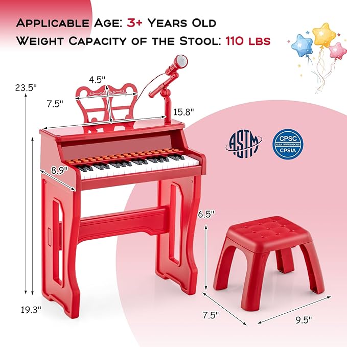 HONEY JOY Kids Piano, 37-Key Red Kids Keyboard Piano w/ Music Stand & Bench, Gift for Babies w/ Microphone, Portable Electronic Educational Musical Instrument, Toddler Piano for Girls Boys