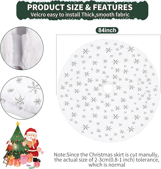 84 Inch Silver Snowflake Faux Fur Christmas Tree Skirt - Glitter Sequin Collar with Felt Base for 7.5-15 Ft Trees