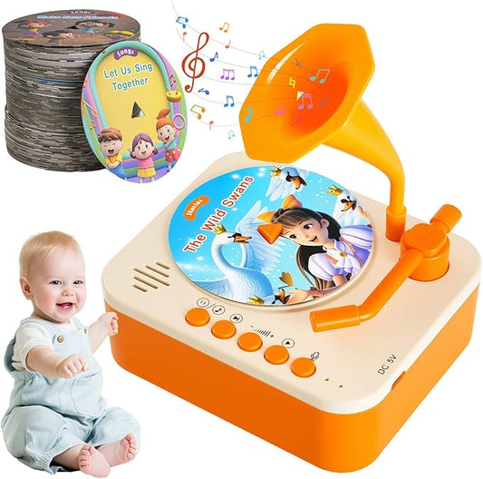 Kids Phonograph Toddler Record Player， with 96 Learning Cards, Early Education Machine Record Player Music Box Storyteller pop Speakers, Gift for Boys and Girls