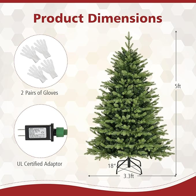 GOFLAME 5FT Prelit Artificial Christmas Tree, Hinged Christmas Tree with 250 LED Lights, 11 Lighting Modes, 844 PE & PVC Branch Tips, Holiday Decoration Tree with Remote, Timer, Adjustable Brightness