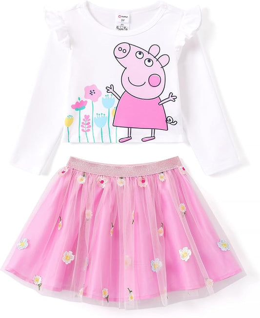 Peppa Pig Girls Skirt Sets Long Sleeves Top Shirt and Skirt Fall Outfits Cute Clothing Sets for Birthday Party Toddler Girl