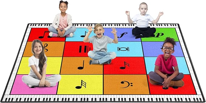 Music Note Classroom Rug 6'5"x8'5" Elementary Music Classroom Seating Rug with 16 Seats Colorful Muiscal Area Rug for Nursery, Preschool, Kids Room and Music Studio