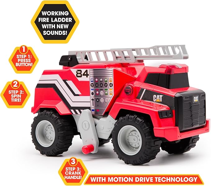 CAT Construction Toys, 11.5" Power Haulers Fire Truck, Realistic Lights & Sounds, Motion Drive Technology, Working Features, and Interactive Play for Ages 3+