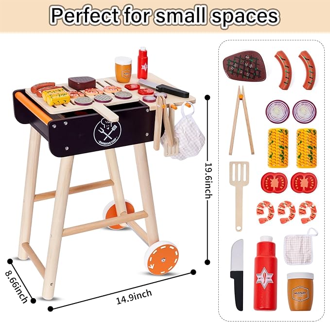 MerryPony Wooden Play Barbecue Toy Grill, Kids BBQ Grill Playset with Play Food and Grilling Tools, Kids Cooking Sets, Outdoor Play Kitchen Set, Pretend Play Kitchen Accessories Toddlers Age 3+