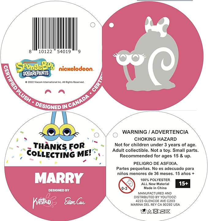 Youtooz Spongebob Mary Snail Plush Stickie, 6" inch Very Soft & Magnetic Spongebob Squarepants Mary Snail Stickies by Youtooz Spongebob Squarepants Collection