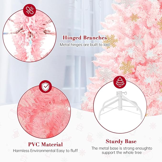 SUNCROWN 6ft Artificial Flocked Christmas Tree Premium Frosted Snow Christmas Tree Hinged Xmas Tree Holiday Decor for Indoor Outdoor, Foldable Metal Stand, 1000 Branch Tips, Pink