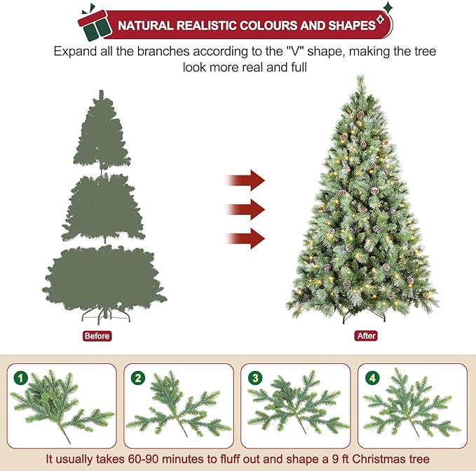 Pre-lit Christmas Tree 9ft, PLuxury Pine Needle -Premium Christmas Trees with Lights Flocked Prelit Trees-Artificial Xmas Tree