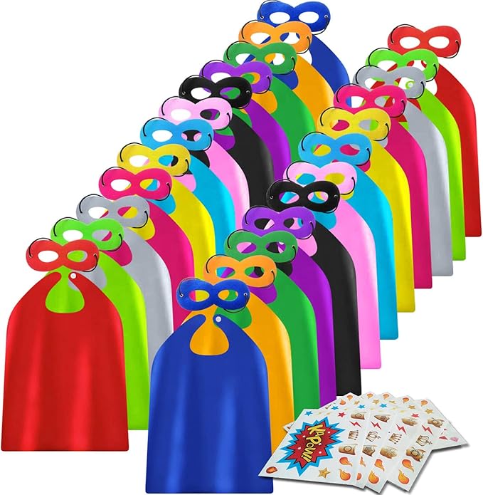 ADJOY Kids Superhero Capes and Masks 24 Sets Pack with Large Stickers - Superhero Themed Birthday Party Capes