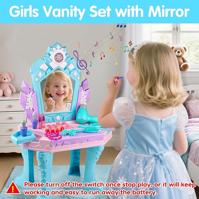 Toddler Vanity Magic Makeup Table and Chair Set Girl Toys Mirror with Music Light Frozen Toys for 3 4 Year Old Girls Hair Salon Pretend Play Princess Dress Up Playset Kids Toddler