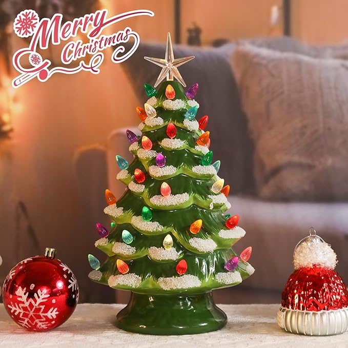Small Ceramic Christmas Tree Hand-Painted Vintage Tabletop Green White Christmas Tree Holiday Decoration with Multi-Color Lights Xmas Trees 12 inch