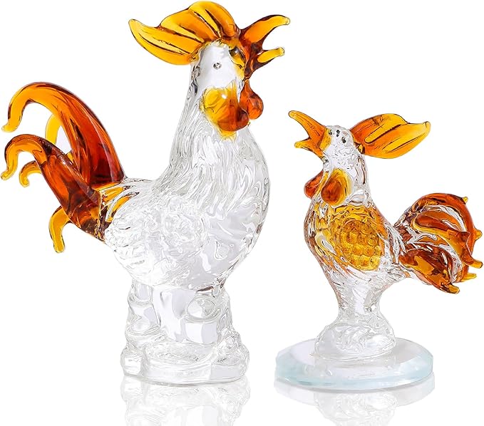 Movdyka 2pc Brown Crystal Chicken Rooster Figurine Table Art Sculpture Decor Hand Blown Glass Farm Animal Table Ornament Decoration Statue Rooster Gifts for Women