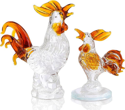 Movdyka 2pc Brown Crystal Chicken Rooster Figurine Table Art Sculpture Decor Hand Blown Glass Farm Animal Table Ornament Decoration Statue Rooster Gifts for Women