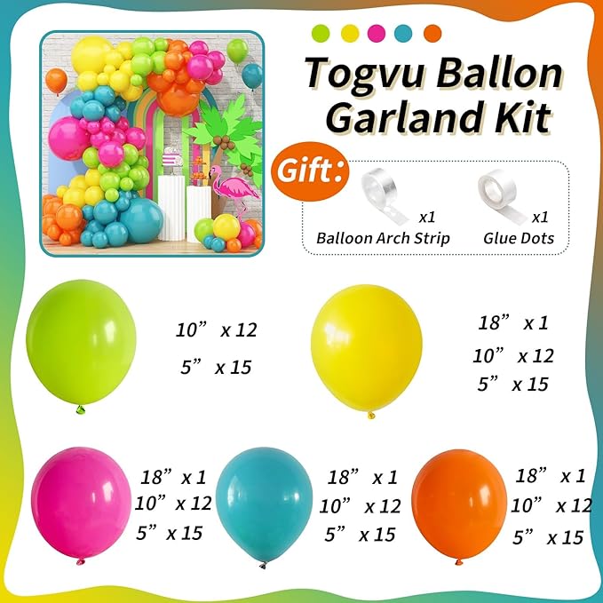 141 Pcs Summer Tropical Balloon Arch Garland Kit, Hot Pink Lime Green Orange Slate Blue Yellow Latex Rainbow Balloon Garland Kit for Hawaiian Luau Aloha Birthday Baby Shower Pool Party Decorations
