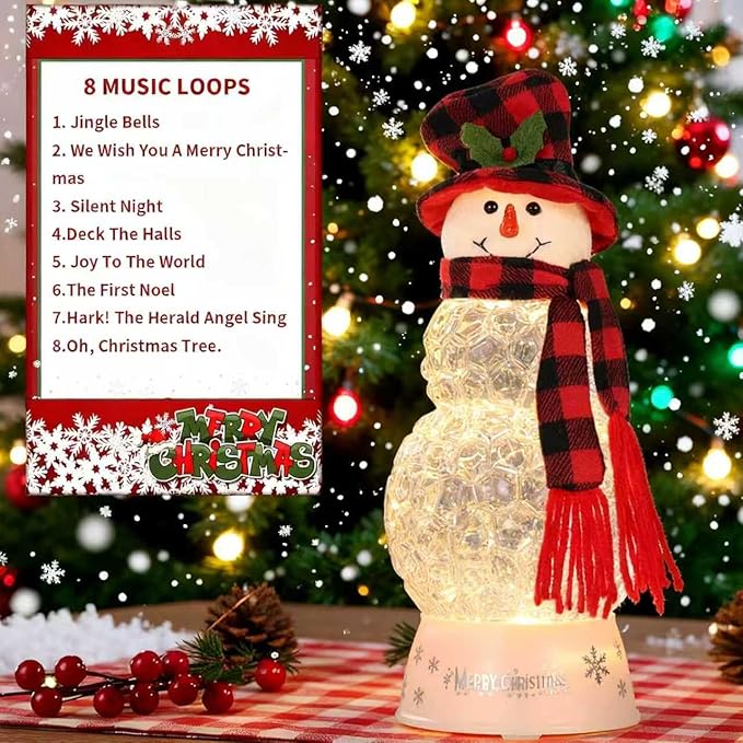 12" H Christmas Snowman Decorations, Snow Globe Lamp - Musical Holiday Decor with Timer, USB Power, Festive Room Light, Best Christmas,New Year Gift for Men,Women,Kids,Friends