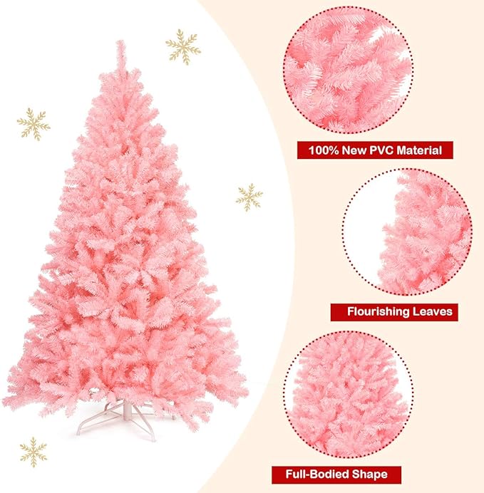 GOFLAME 6 ft Pink Artificial Christmas Tree, Hinged Spruce Full Tree w/Foldable Metal Stand, Cherry Blossom Color, 1036 Tips Christmas Tree for Home Office Party Decoration, Easy Assembly