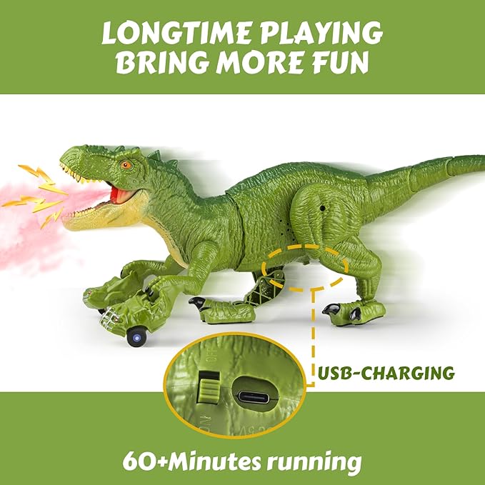 RC Tyrannosaurus Rex Dinosaur Toys for Kids 3-5, 5-7, 8-12, Remote Control T Rex Dino Robot Toy with Spray, Roar & Light, Birthday for 3 4 5 6 7 8 9 10 11 12 Year Old Boys (Green)