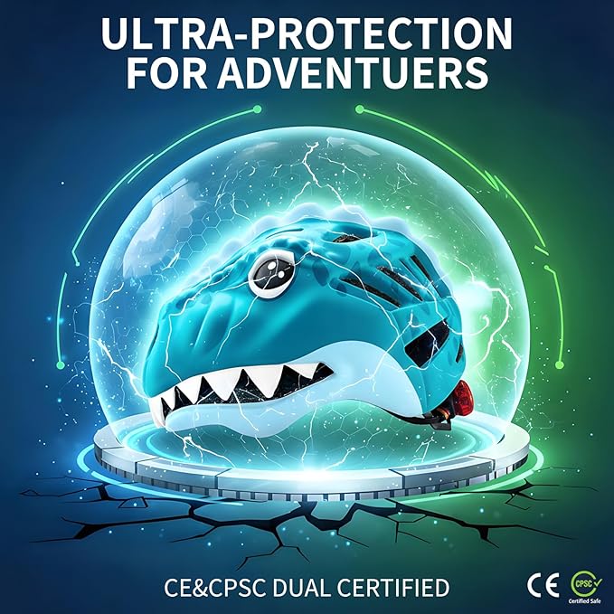 KINGBIKE Toddler Helmet 2-3-5-8 Years Kids Balance Bike Helmets Size Adjustable 3D Dinosaur with Led Light for Skateboard Scooter Cycling Skaterolling