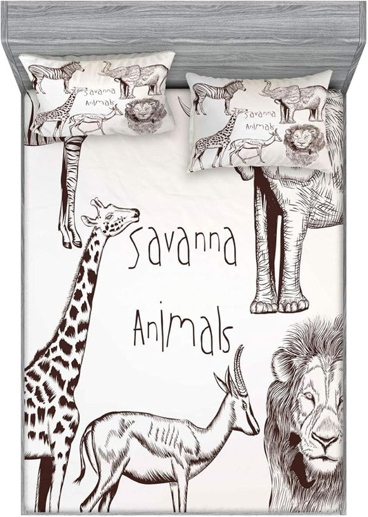 Ambesonne Safari Fitted Sheet & Pillow Sham Set, Composition of Tropic Wild Savannah Animals Lion Giraffe Zebra Graphic, Decorative Printed 3 Piece Bedding Decor Set, Calking, Brown Cream