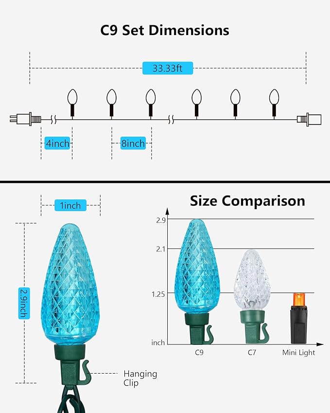C9 Led Christmas String Lights Outdoor, 33.3ft 50 LED Waterproof Decorative Light Strand, Extendable Green Wire String Lights for House, Christmas Tree, Patio, Party Decoration, Turquoise