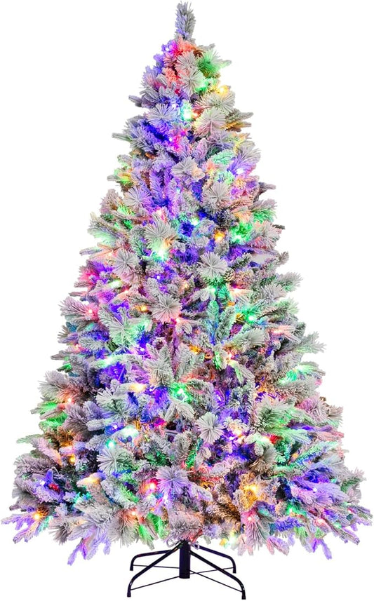 GOFLAME 7 FT Artificial Christmas Tree with Pine Needles, Snow Flocked Xmas Tree with 1270 PE & PVC Branch Tips, 320 LED Lights & 40 Pine Cones, Hinged Decoration Tree with 8 Lighting Modes