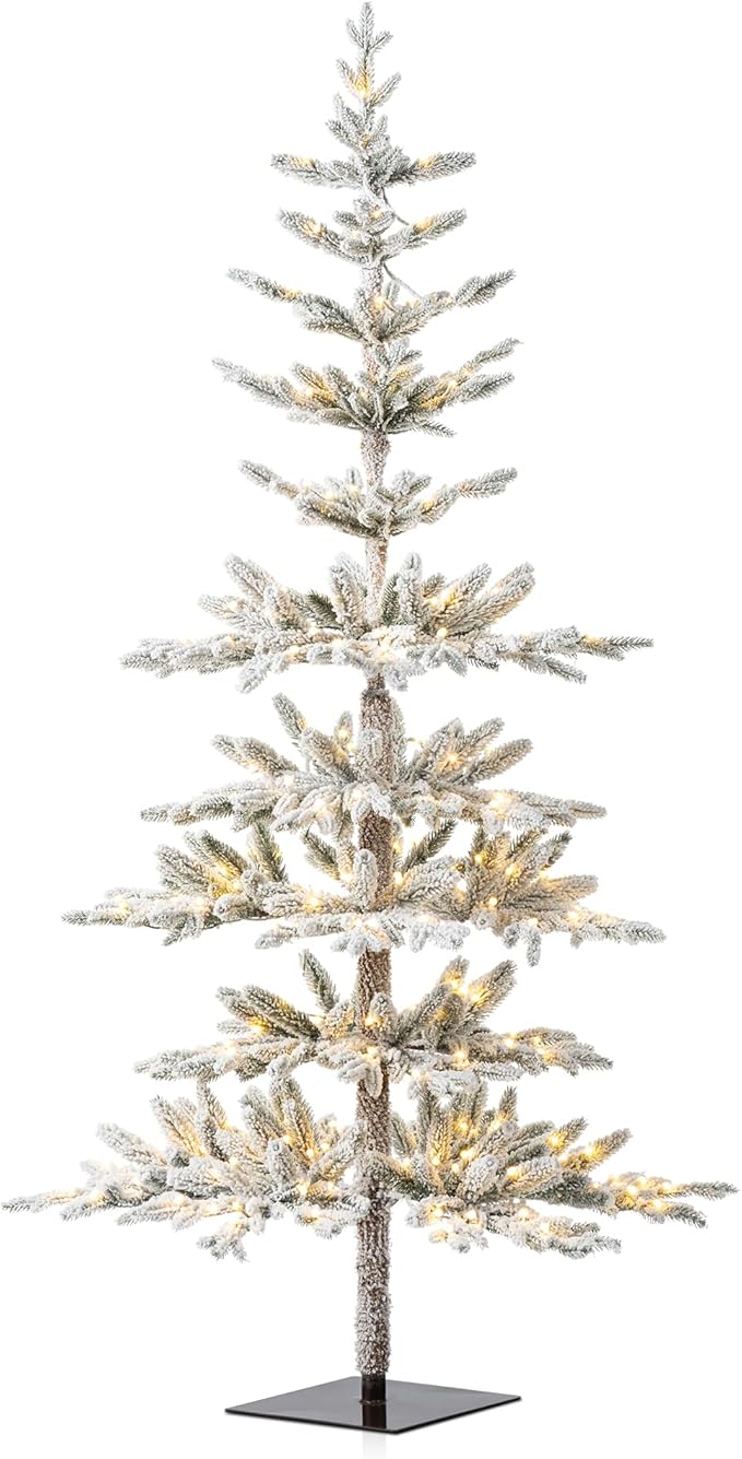 Glitzhome 6ft Flocked Christmas Tree, Pre-Lit Artificial Christmas Tree,Serene Snowscape Fir Tree with Sturdy Metal Stand, 733 PE Tips and 300 Warm White Lights for Holiday Party Home Decor