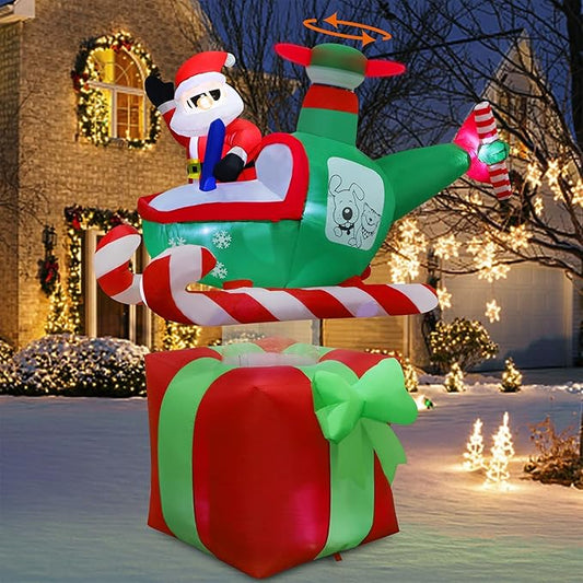 Juegoal Christmas Inflatables Outdoor Decorations, 6FT Inflatable Xmas Santa Claus with Helicopter on Gift Box, Lighted Blow Up Santa Flying Airplane, Built in Light for Holiday Lawn Yard Garden Decor