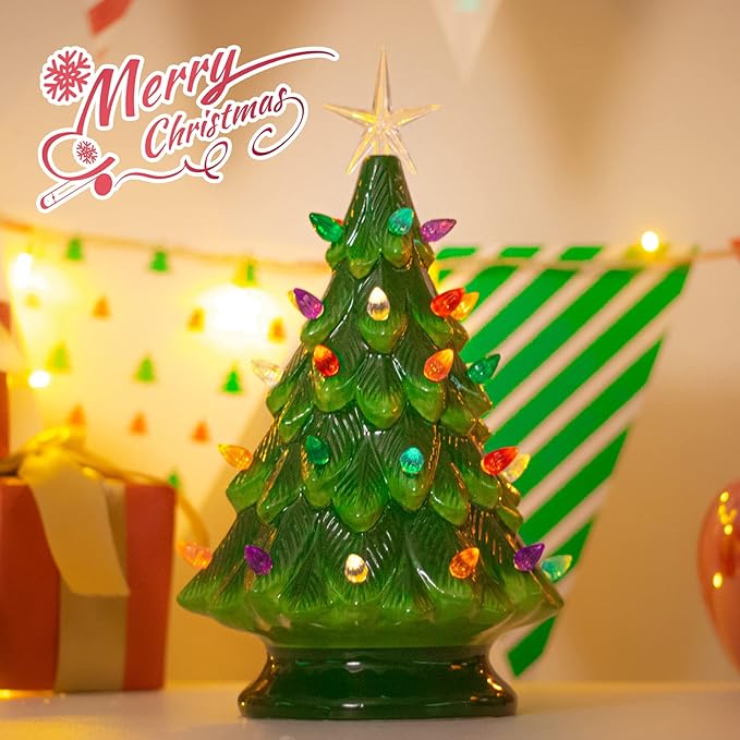 Small Ceramic Christmas Tree Hand-Painted Vintage Tabletop Green Christmas Tree Holiday Decoration with Multi-Color Lights 12.2 inch