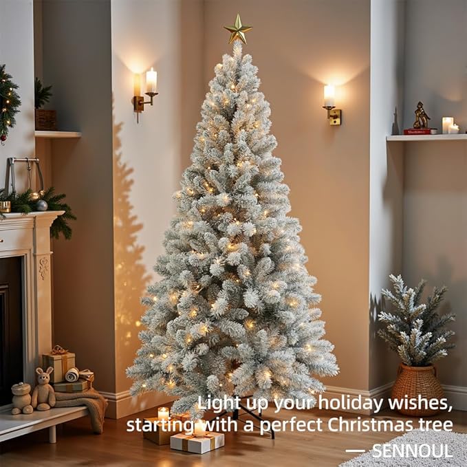 Prelit Christmas Tree With Lights 7.5ft,Premium Snow Flocked Artificial Xmas Tree, With 1364 Branch Tips and 550 Warm Lightsm,Support Automatique,Perfect Choice for Christmas Decorations,White
